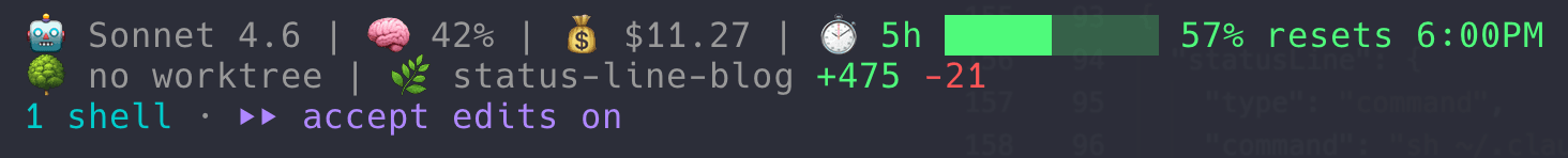 Claude Code statusline showing model, context, cost, rate limit bar, worktree and branch info