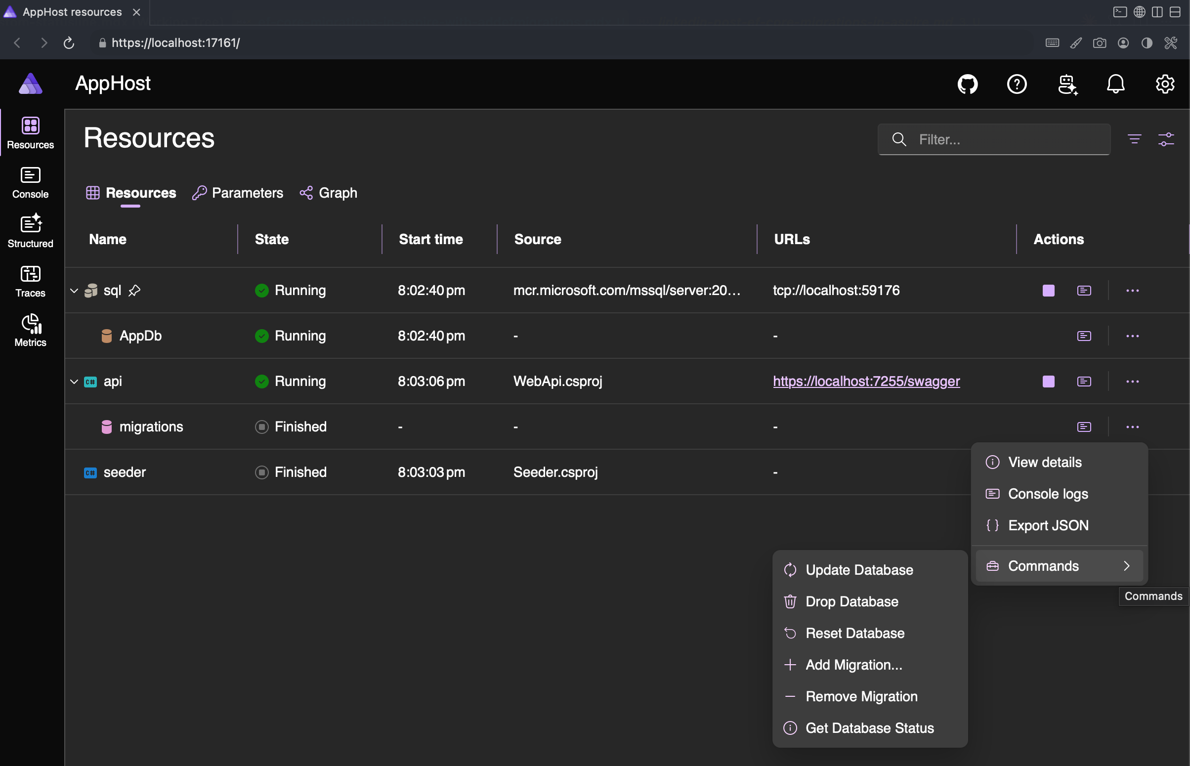 The Aspire dashboard resource list showing sql and AppDb running, api running, and the migrations and seeder resources both in a Finished state. The migrations resource's context menu is open on Commands, revealing Update Database, Drop Database, Reset Database, Add Migration, Remove Migration and Get Database Status.